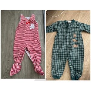 Vintage Carters Baby Romper Bundle Green Plaid‎ Raccoon Red Striped Bear 6-9M